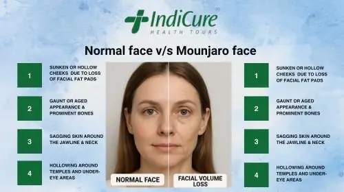 Comparative representation showing normal face versus Mounjaro face with volume loss effects Comparative representation showing normal face versus Mounjaro face with volume loss effects